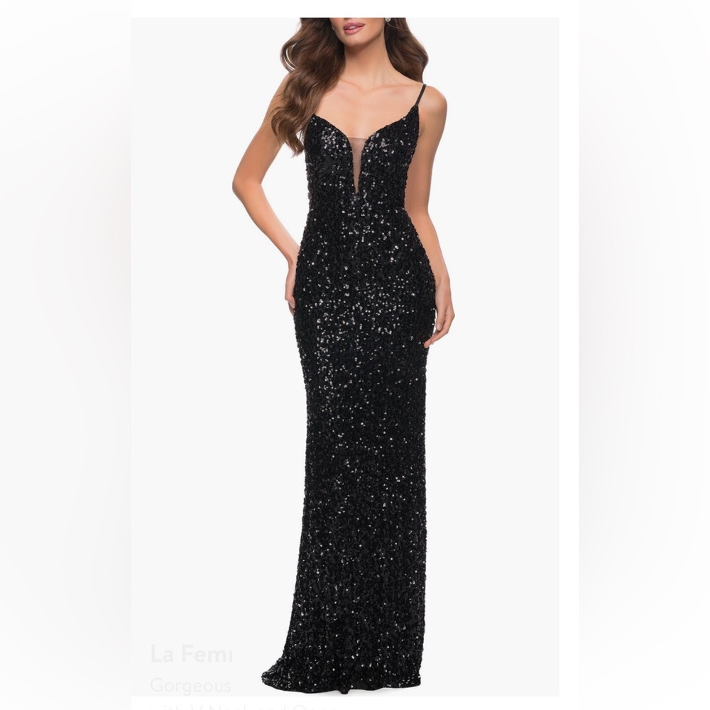 La Femme - Gorgeous Sequin Dress with V Neck and Open
Back